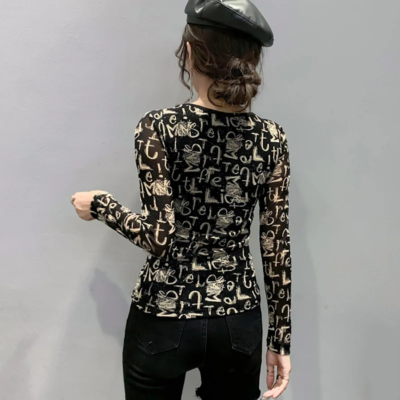 Faionable Long Sve Base irt femmes Sle automne saison Version coréenne coupe ajustée v-ne motif tissu Polyester créatif