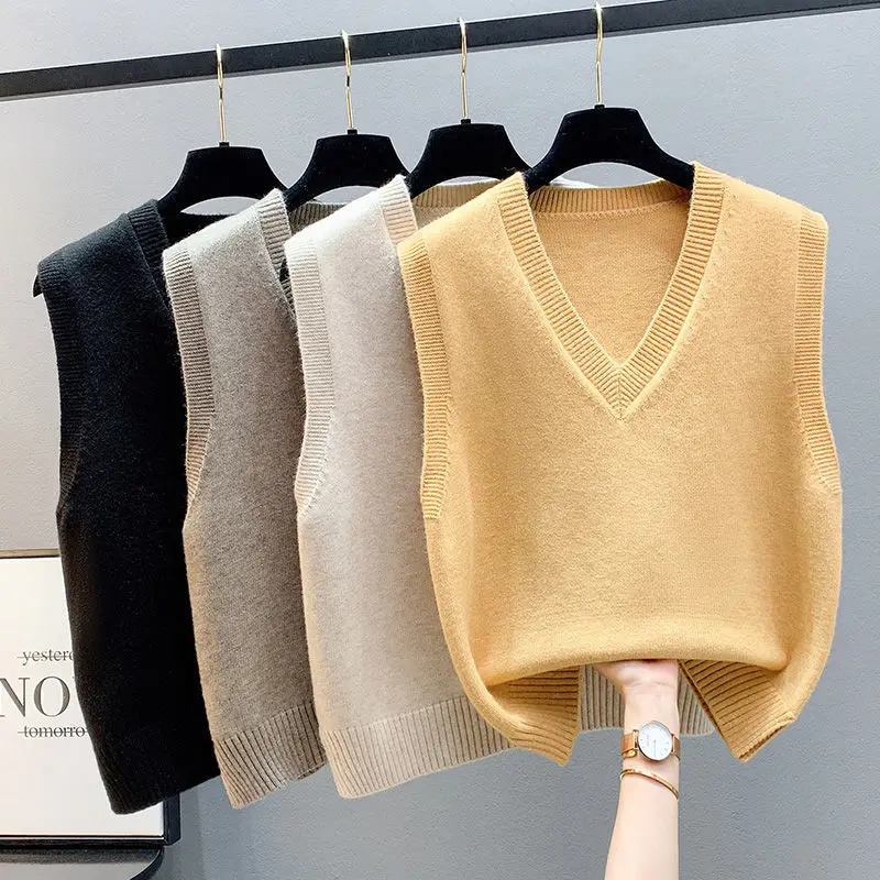 Wiosenne jesienne damskie swetry kamizelka wiosna jesień moda nowa bez rękawów z dekoltem w szpic Casual styl młodzieżowy solidna dzianina bluzki