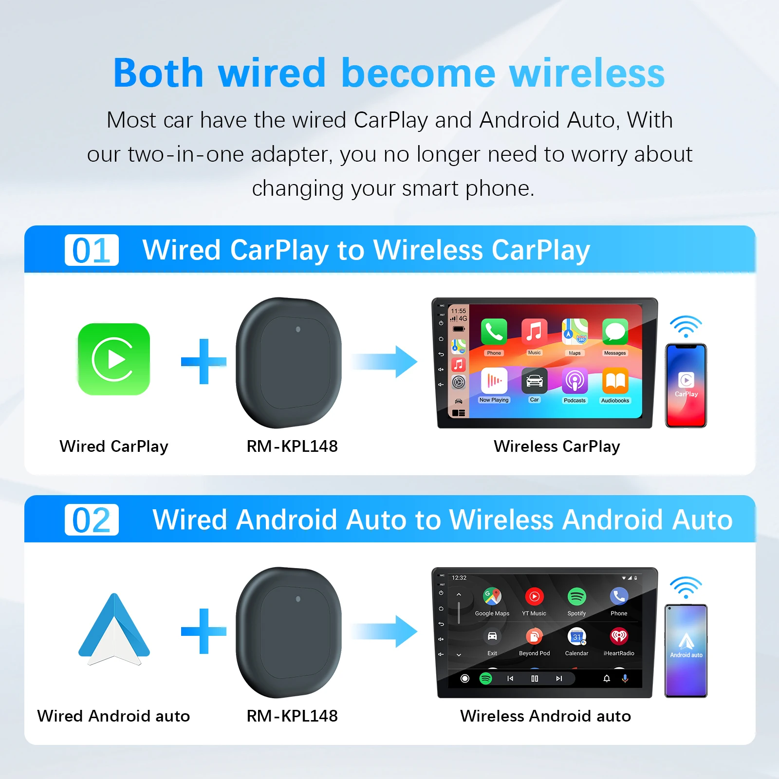 2in1 무선 CarPlay & 안드로이드 오토 어댑터 추가 케이블 5G WiFi BT5.2 플러그 앤 플레이 USB 저장, 도요타 등 99% 차량 호환