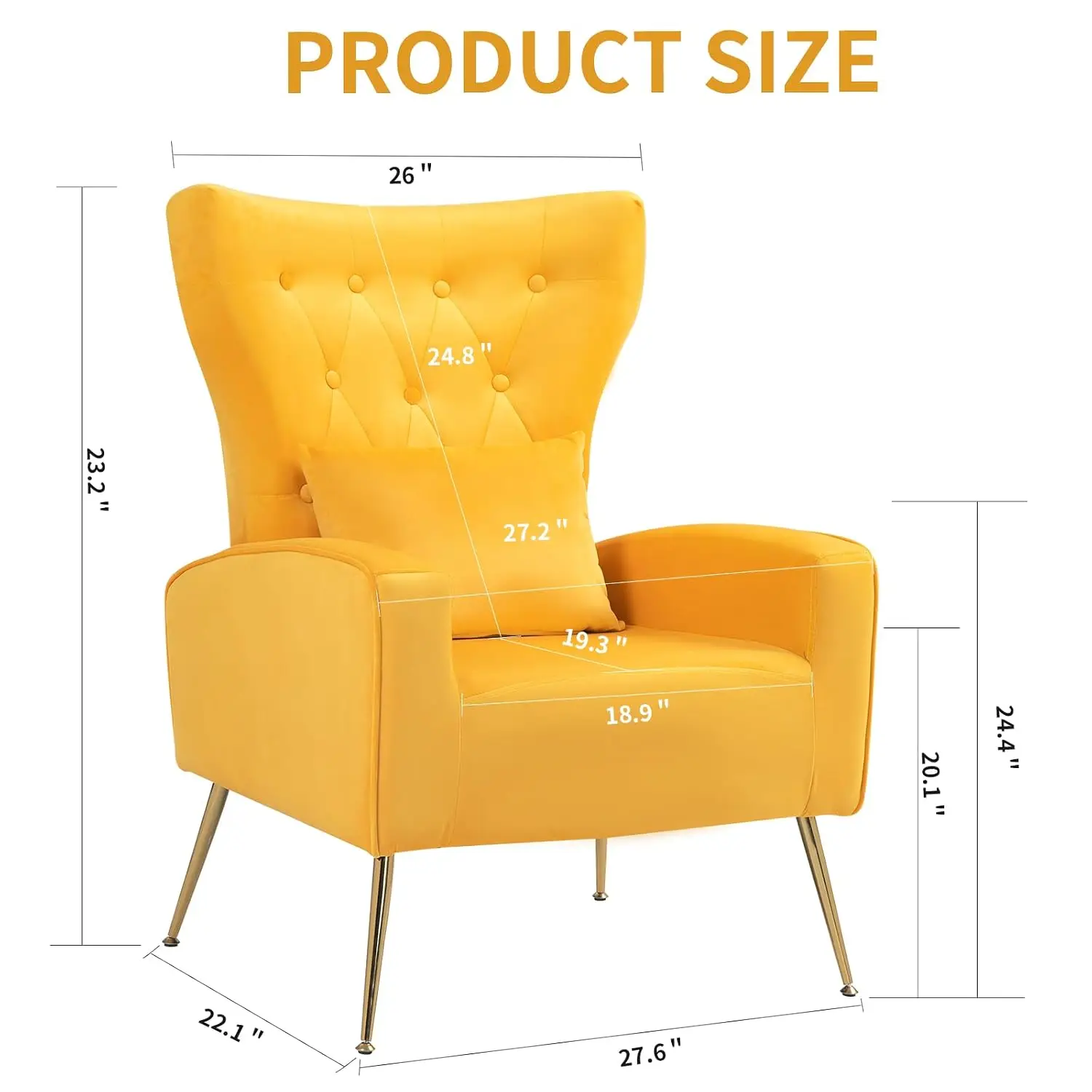 Tufted WingBack Velvet Accent Armchair with Lumbar Pillow & Golden Legs for Living Room & Bedroom, Yellow, Customized