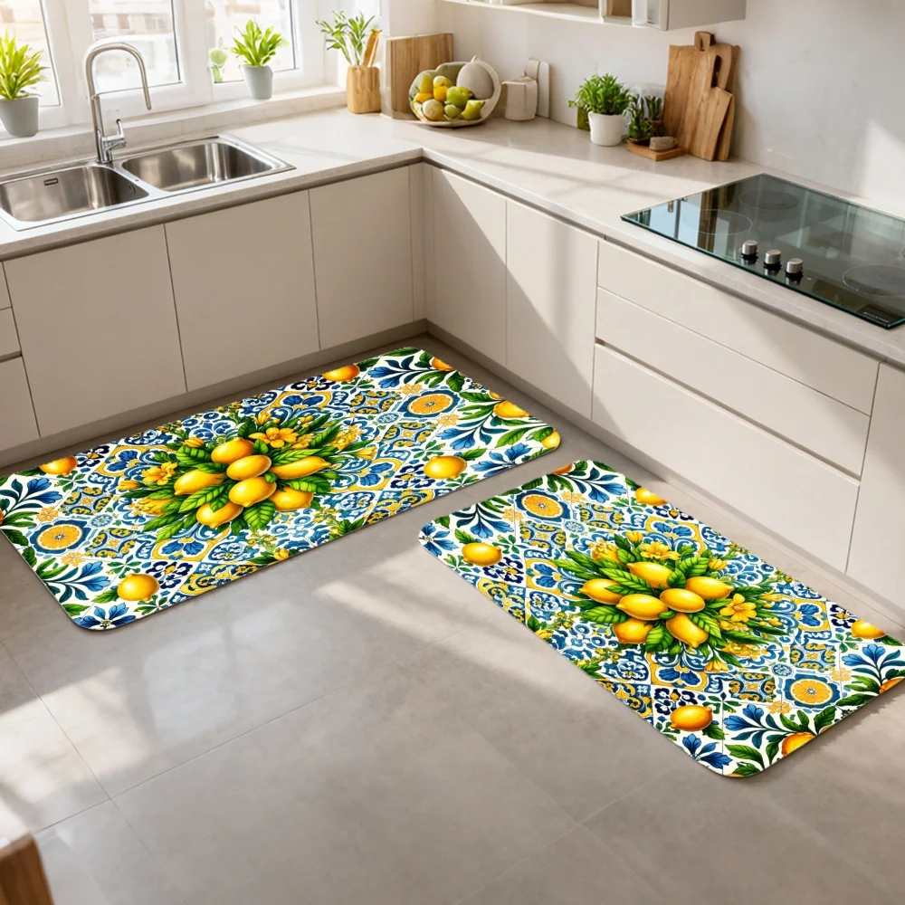 3PCS Mat Set,  Home Decoration for Front Door, Kitchen,  Lemon Floral Pattern With Blue And Green Background Kitchen Rug.