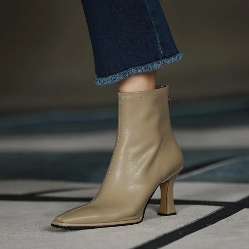 Sexy High Heel 7.5 CM Ankle Boots Modern Ladies Shoes Cowhide Winter Boots Back Zippers Elegant Women Shoes Square Toe