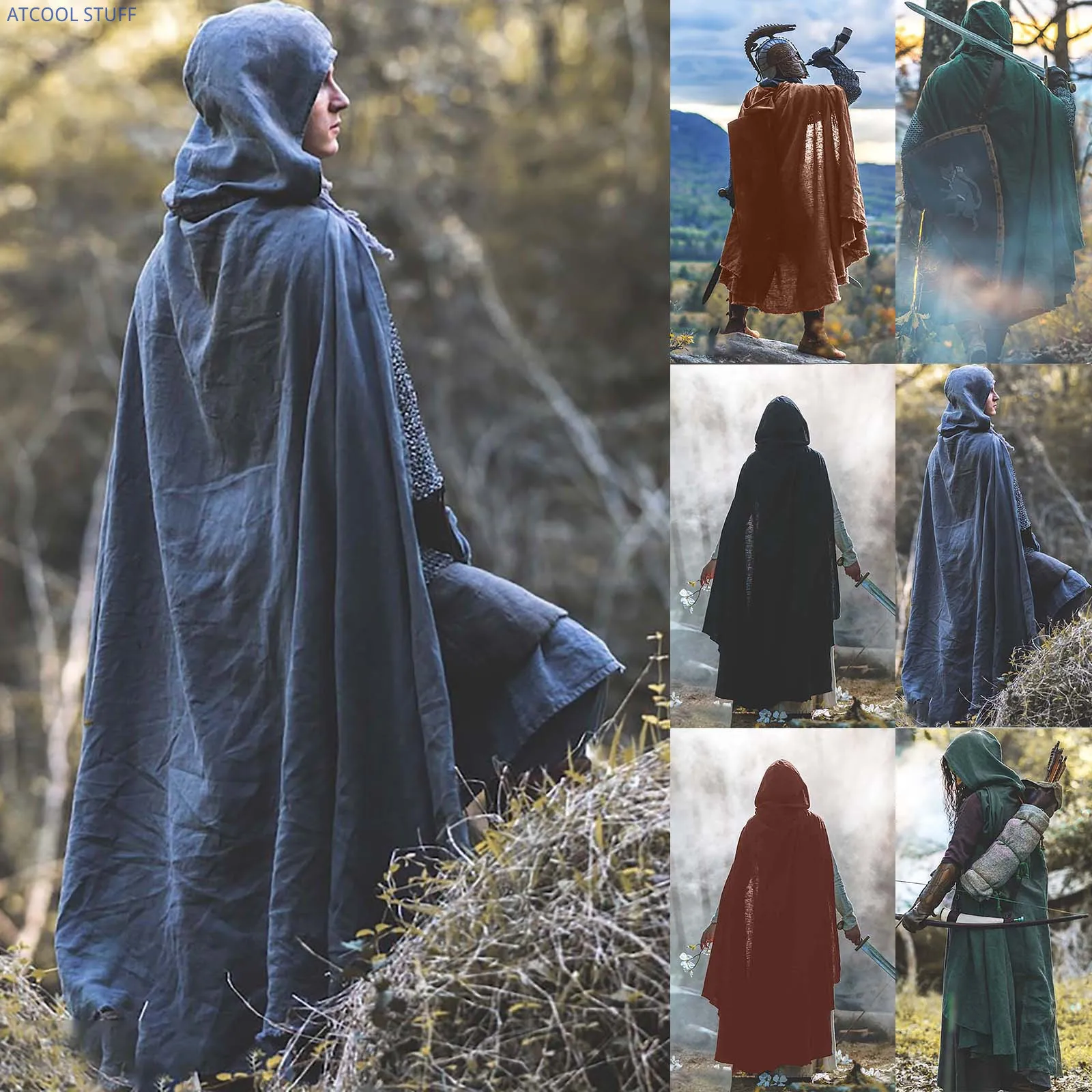 Medieval Ranger Cloak Linen Archer Cosplay 18th Century Renaissance Hooded Thin Cape Adult Cosplay Costume Knight Cloak