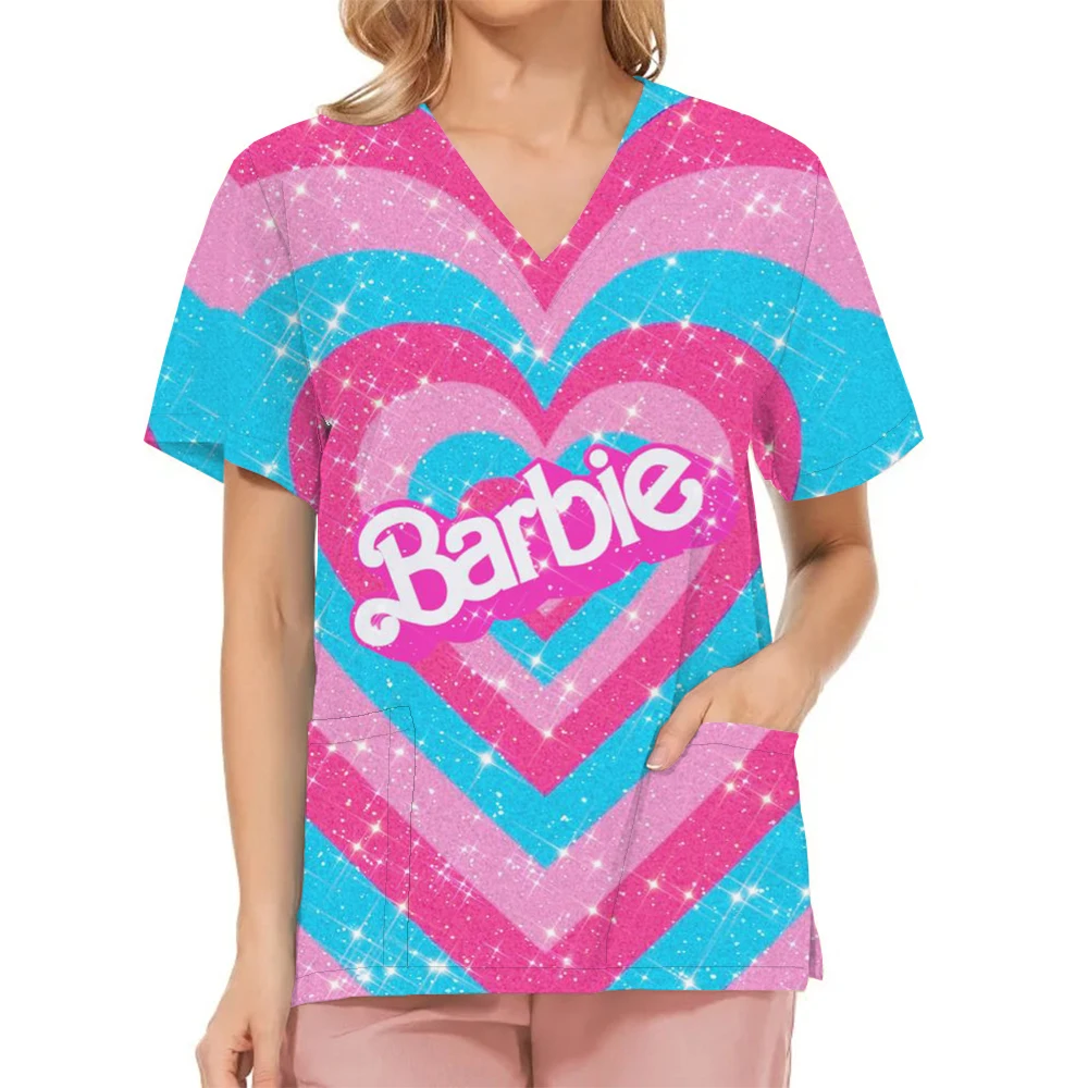 

Nurse Uniforms Women Barbie Print Short Sleeve Scrubs Working Medical Blouse Overalls Uniforms Medical Nursing Spa Pet Dentistry