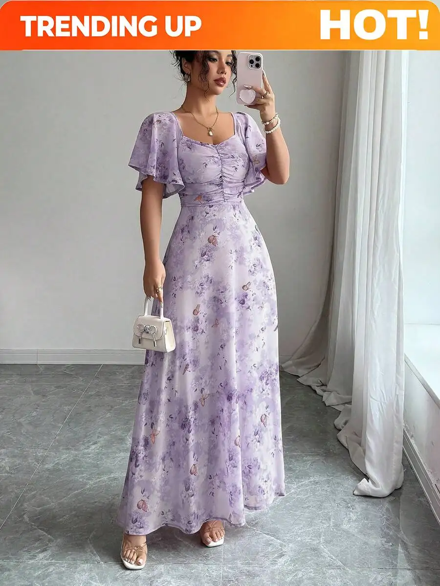 Women's Sweet French Style Mini Dress With Purple Butterfly Print, Batwing Sleeves & Back Zipper