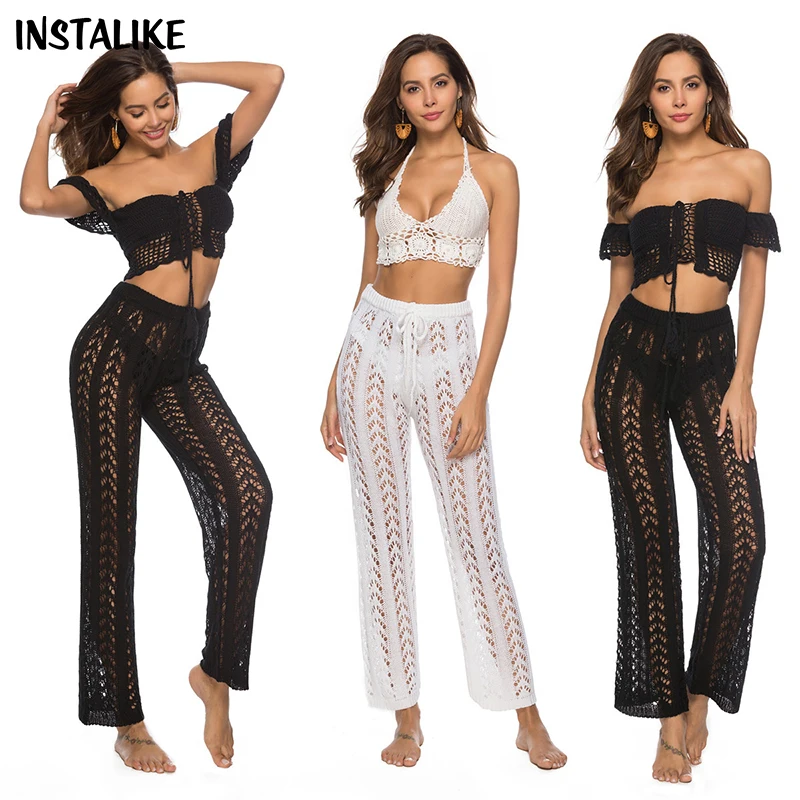 

InstLike-Women Lace Hollow Out Flare Pants,Korean Fashion, Elegant Club,Youthful Holiday,Casual Long Trousers,Beachwear,Y2K,2024