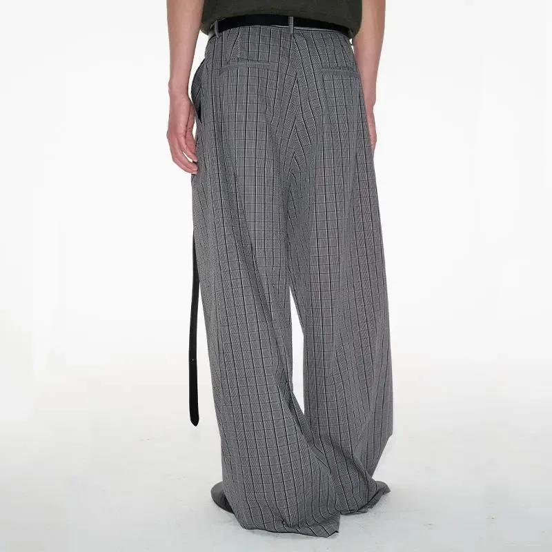 Mens Pants Harajuku Summer American Bubble Pleated Plaid Trousers Lightweight Structured Straight Wide Leg Casual Streetwear New