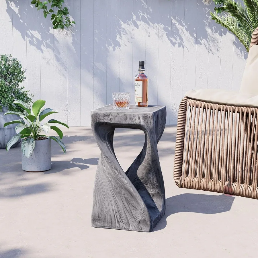 طاولة جانبية مربعة ملتوية للاستخدام الخارجي مع تصميم مقاوم للماء من الخشب الصناعي لشرفة الحديقة والشرفة ومقاومة الطقس على الشاطئ