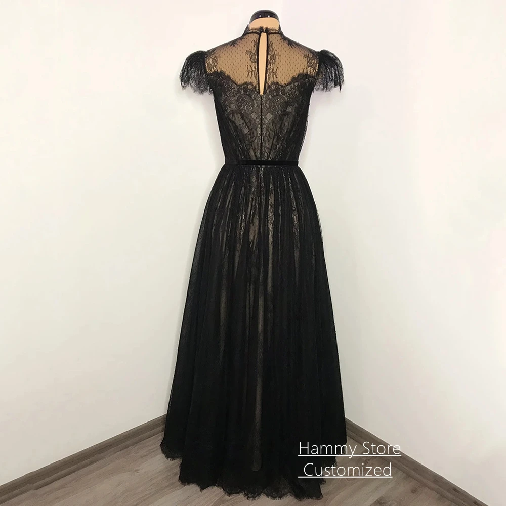 Customized Black Wedding Dress New Arrival Cap Sleeve High Neck Lace Applique A Line Gothic Bridal Gown for Woman Bride