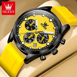 OLEVS-Men's Brand Sports Silicone relógio de quartzo amarelo, impermeável, luminoso, luxo, cronógrafo, relógios masculinos