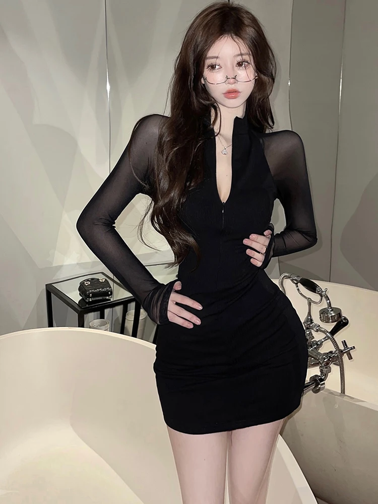 เดรสยาวแขนยาวผ้าตาข่ายสีดำลายปะติดปะต่อ ปี 2025  ชุดเดรสเซ็กซี่ซีทรูสำหรับผู้หญิง  ชุดเดรสทรงเข้ารูปสไตล์เกาหลีวินเทจสำหรับฤดูใบไม้ร่วงและฤดูหนาว