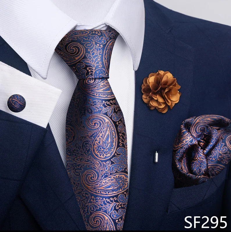 Luxury Mens Ties Floral Black Gold Ties Paisley NeckTie Pocket Square Cufflinks Brooch Set Men\'s Wedding Party Tie