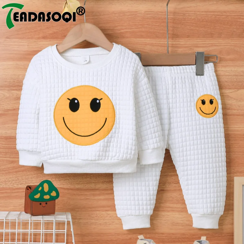 

6M-3Y Todder Spring Autumn Kids Clothes Outfit Long Sleeve Cartoon Smile Face Print Pit Stripe Pullover Sweatshirt+Pant 2Pcs Set