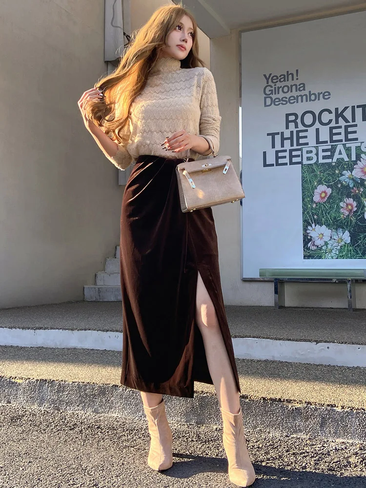 

Dabuwawa Velvet Slit Skirt Vintage Women 2023 New Collection Preppy Style Empire Long Korean Reviews Many Clothes DM1CSK018