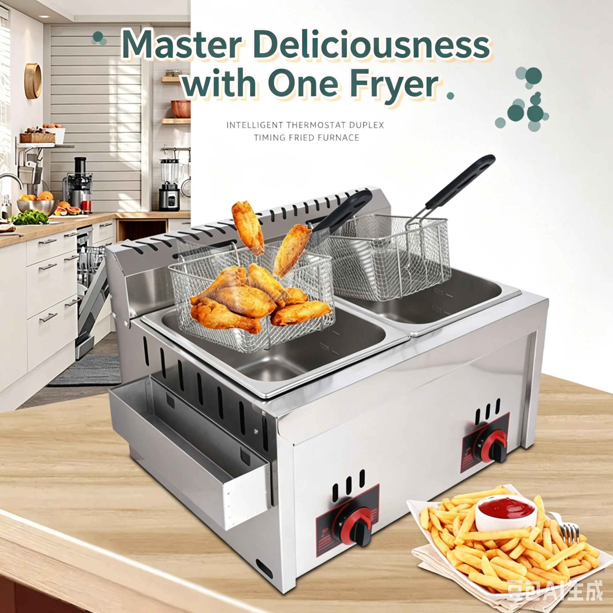 Commercial Gas Fryer, Double Tank & Double Basket Deep Fryer, Gas Frying Machine for Chicken, Fries & Street Snacks