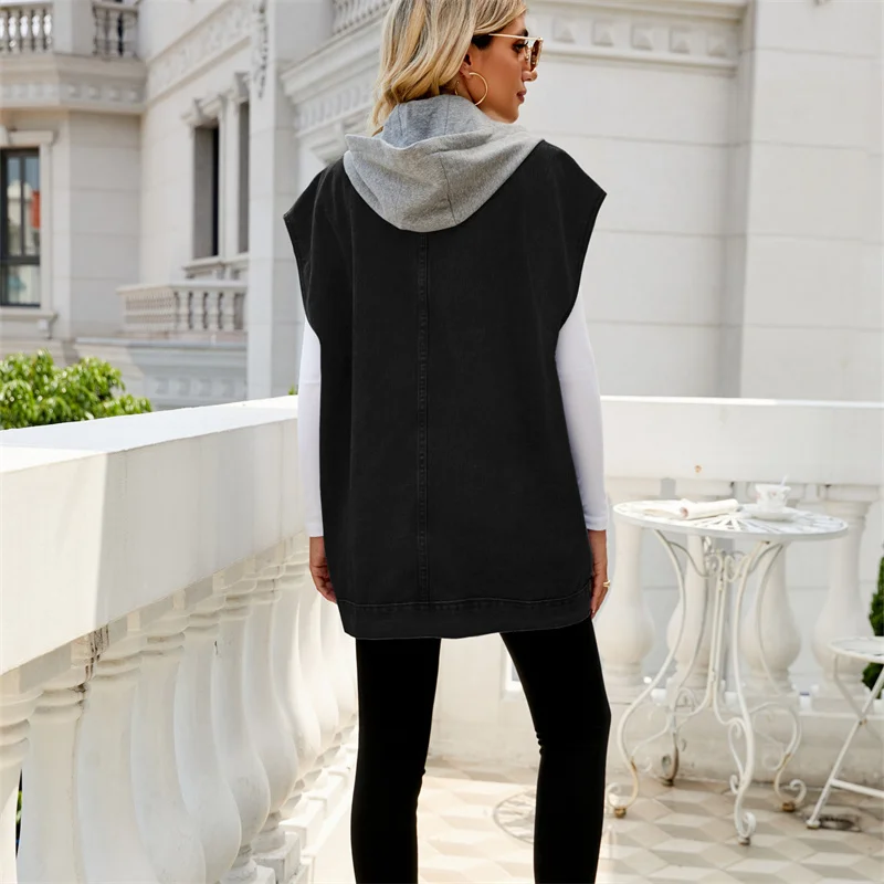 Fashion Lapel Hooded Sleeveless Pocket Denim Vest Women\'s Single-breasted Cardigan Waistcoat Streetwear Female Casual Outerwear