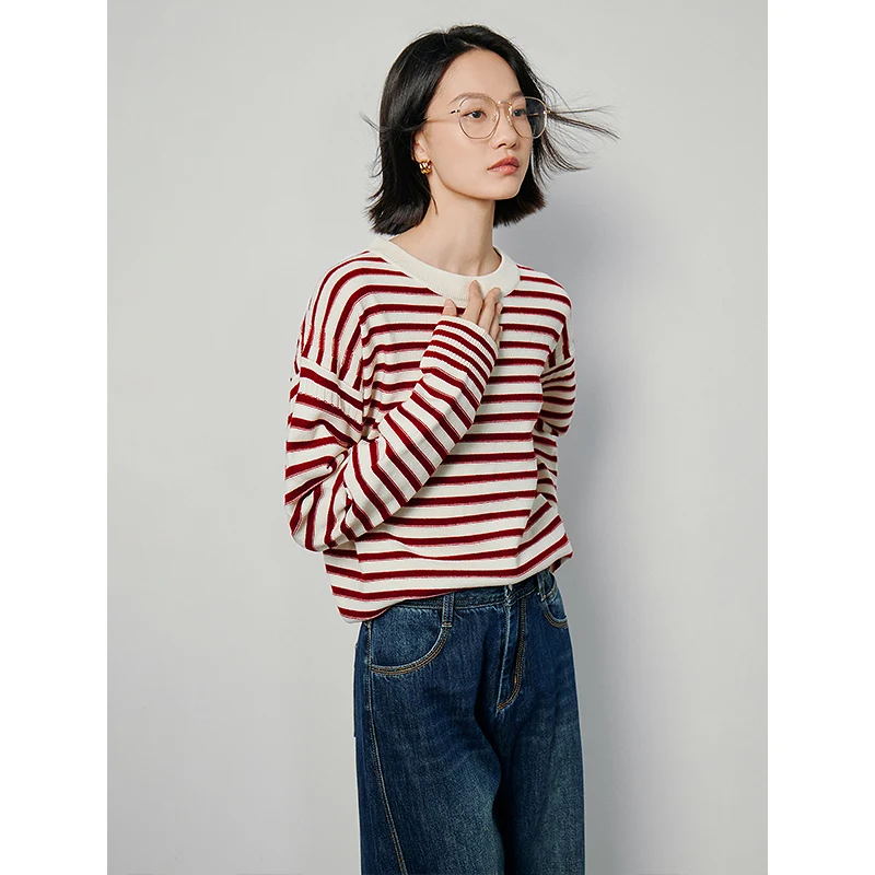 TOYOUTH Women Sweater 2024 Spring Long Sleeve O Neck Loose Knitwear Classic Striped Warm Soft Clothes Loose Tops As Gift