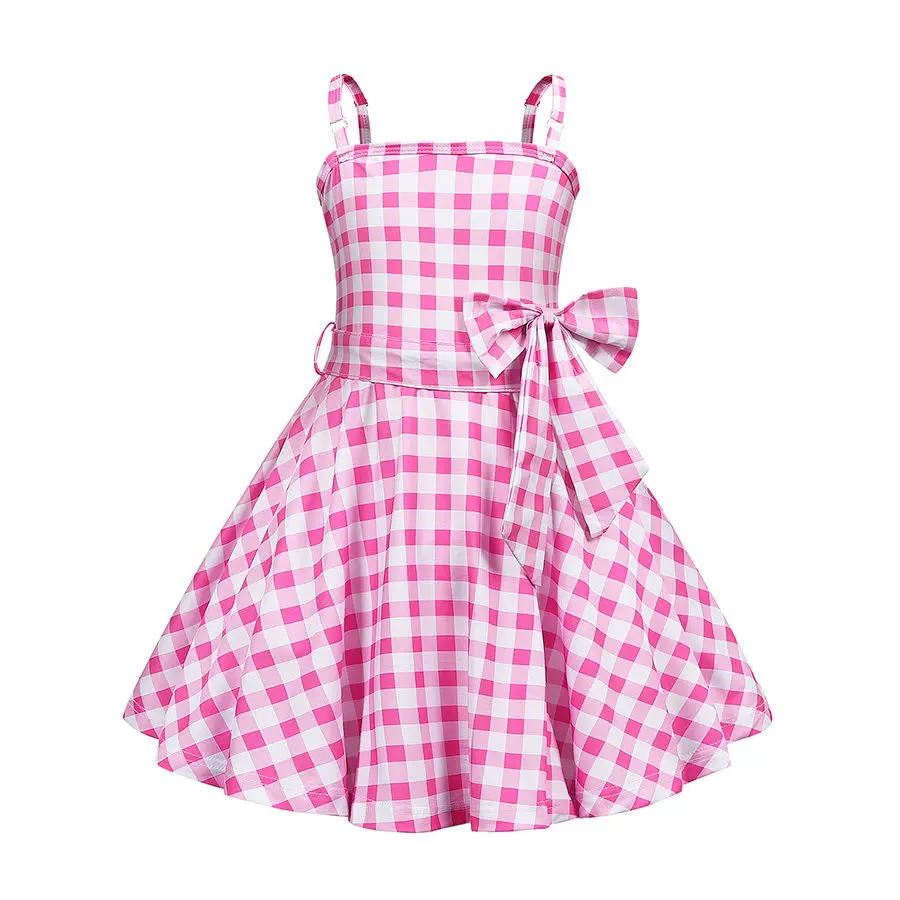 

New Barbie Movie Pink Dress Summer Girls Halloween Carnival Barbie Princess Plaid Costume Sleeveless Cosplay Party Kids Outfit