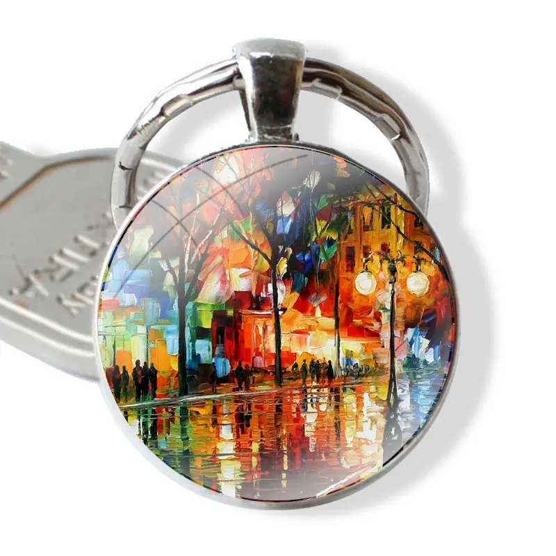 Keychain Handmade Glass Cabochon Key Ring Holder Pendant Key Chains Van Gogh Art Oil Paint Autumn Trees