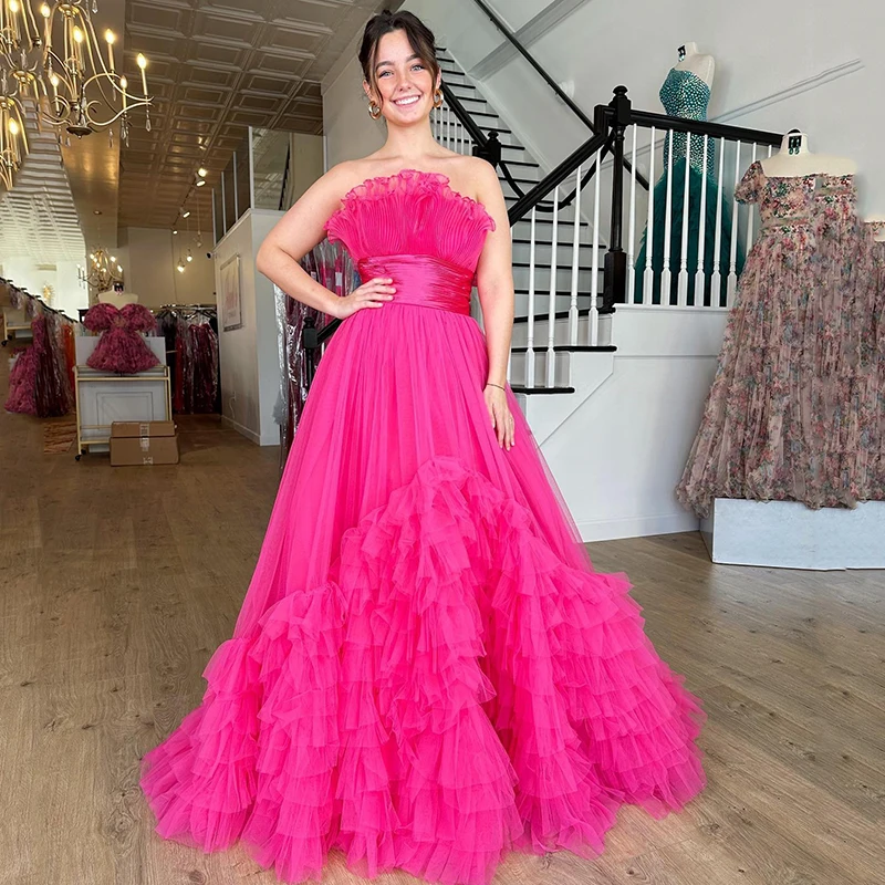 

Eightree Elegant A-Line Prom Dresses Strapless Ruffled Tulle Evening Dress Saudi Arabia Dubai Cocktail Party Gowns Custom Size