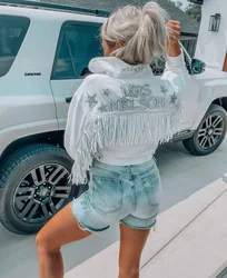 White Fringe Pearl & Rhinestone Denim Jacket with Stars Nashville Bachelorette Western Bride Custom Bride Jacket Personalized