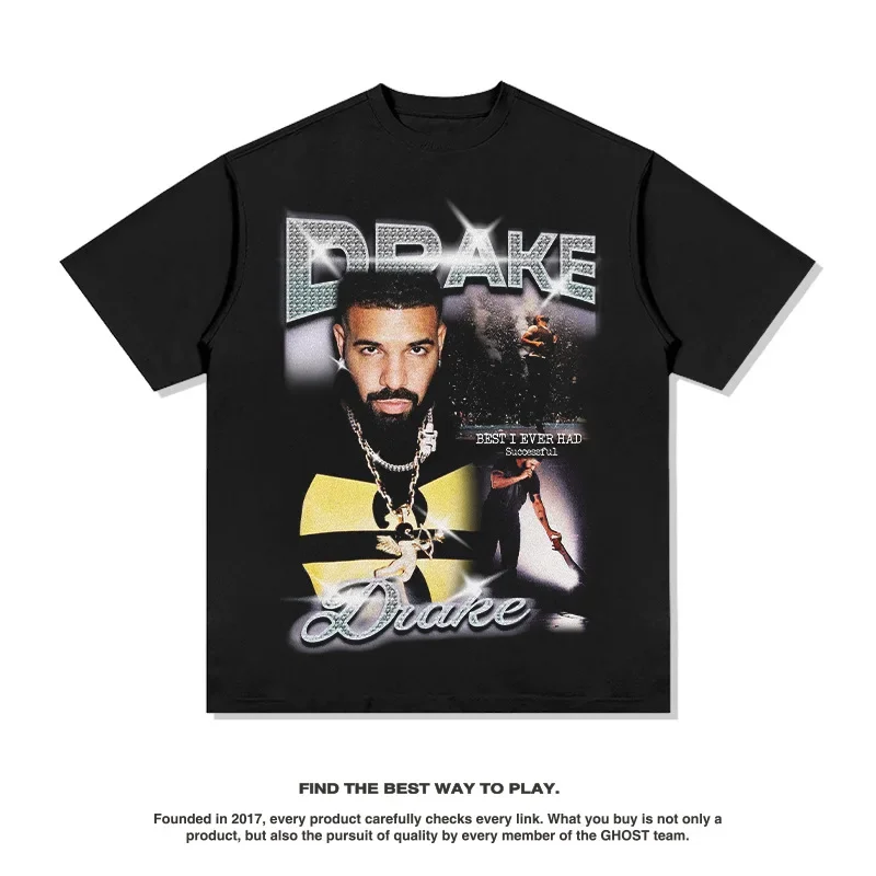 Raper mroźne Drake Print męskie damskie 100% bawełniane oversize Vintage koszulki z krótkim rękawem koszulka hiphopowa bluzki Streetwear