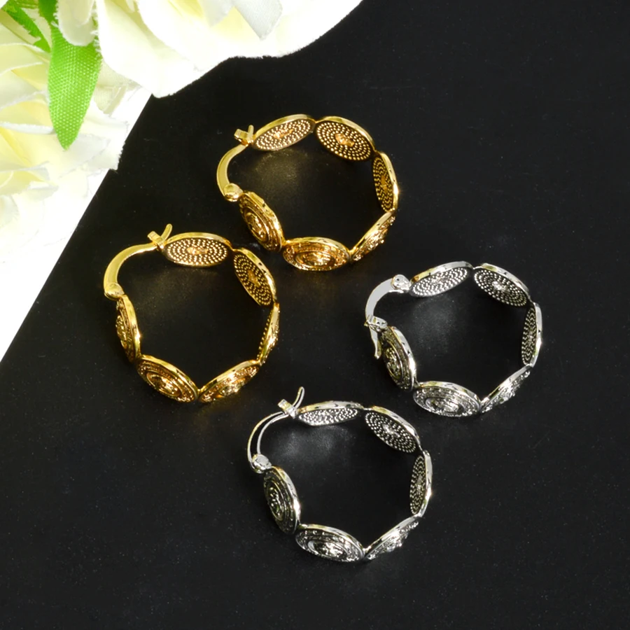 Brincos Africanos 18K Cor de Ouro para Homens e Mulheres, Brinco Esmalte Prata e Preto, Italiano, Dubai Casamento Jóias, Presente