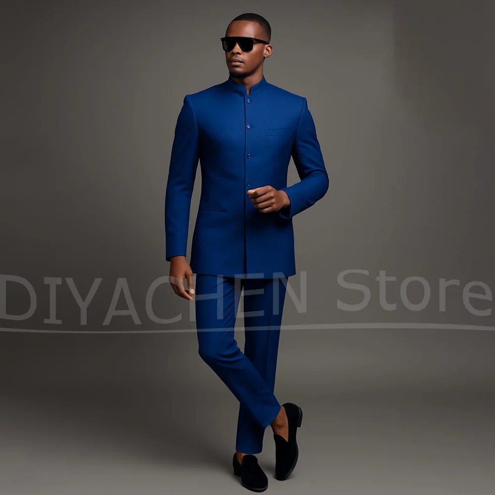 Chic Men ชุด 2 ชิ้นเดี่ยว Breasted STAND COLLAR ชุดสมาร์ท Casual แฟชั่นงานแต่งงานอย่างเป็นทางการชาย (blazer + กางเกง)