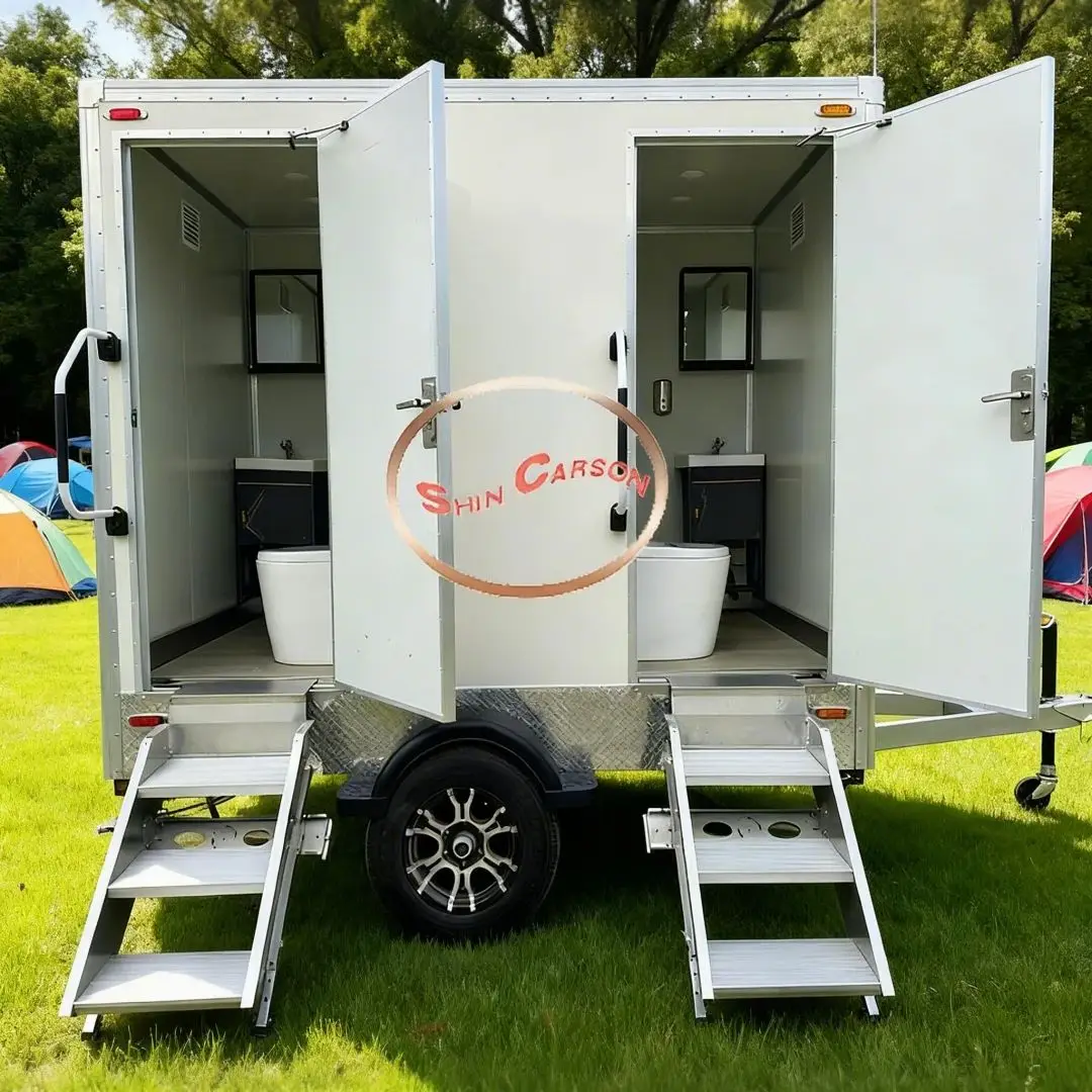 High-Capacity Towed Outdoor Mobile Restroom Trailer with Flush Toilet Vent for Camping Weddings Emergencies
