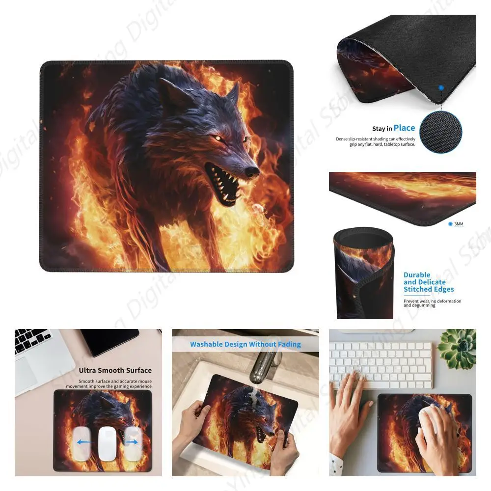 Fire Wolf Padrão Mouse Pad Tapete de teclado de computador de borracha antiderrapante adequado para laptops de escritório de jogos 18 * 22 cm