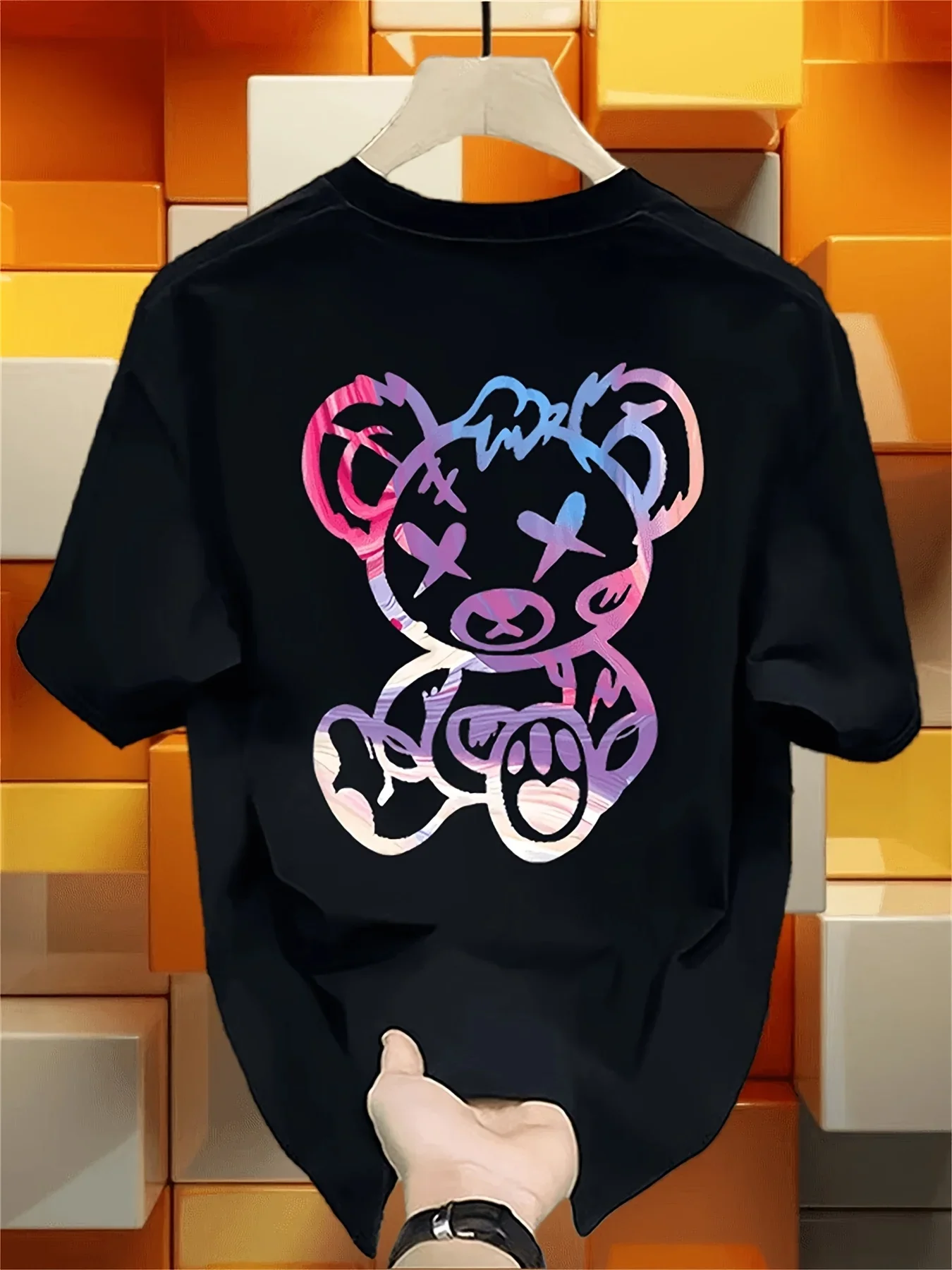 Y2K Harajuku Sweet and Cool Style 100% Cotton Men's T-Shirt, Pastel Gradient Graffiti Ripped Teddy Bear Print Loose Fit Top