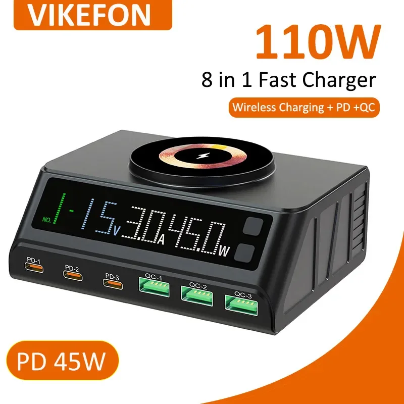 VIKEFON 6 Port Desktop Type C USB Charger Magnetic LED PD QC3.0 Fast Wireless Charging For iPhone 15 14 13 12 Samsung Macbook