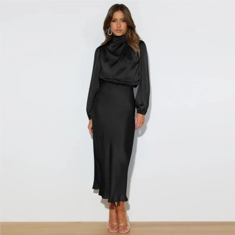 Design francês halter pescoço vestido outono feminino cetim droop vestidos de noite elegante sexy feminino cor sólida vestidos de dama de honra