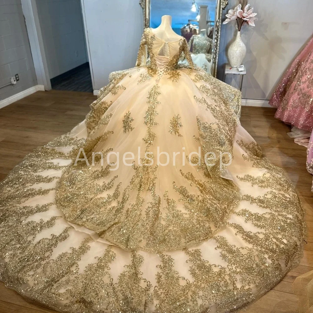 Angelsbridep Customized Quinnceanera Dress Ball Gown Long Sleeves Gold Appliques Birthday Party Dress Vestido De 15 Quinceañera