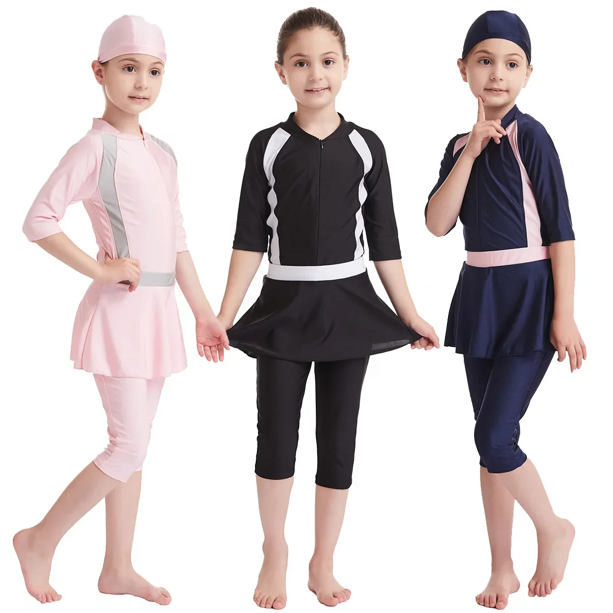 Swimming Wear for Girls Muslim Islamic Three Pieces Swimsuit Kids Burkinis Modest Swimwear Arabic Children Bathing Set 3-12 Year