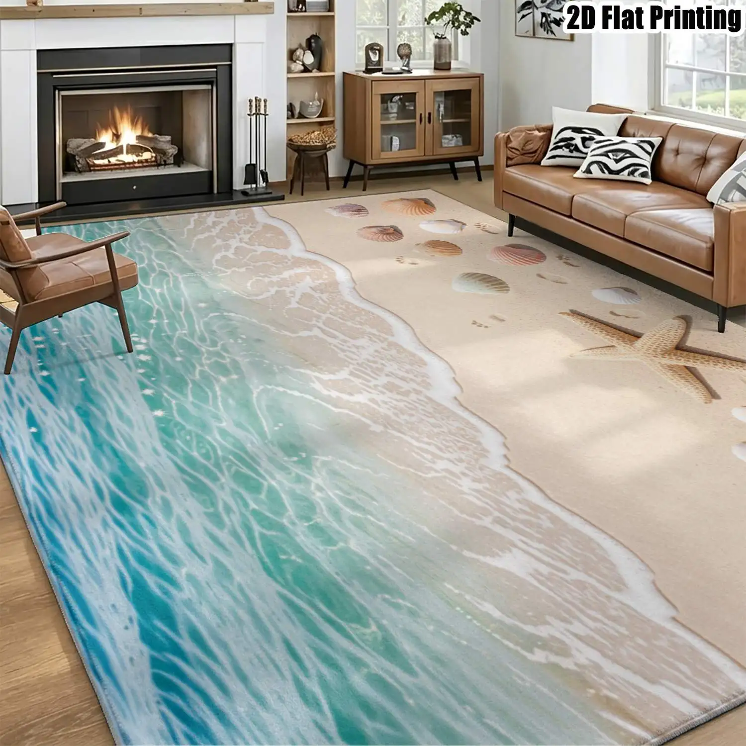 1Pc 2D Printed Carpet: Seaside Shell & Starfish Pattern, Instagram-Style Minimalist Nordic Floor Mat, Machine Washable, Multi-Size, for Home Decor & Multi-Scene Use