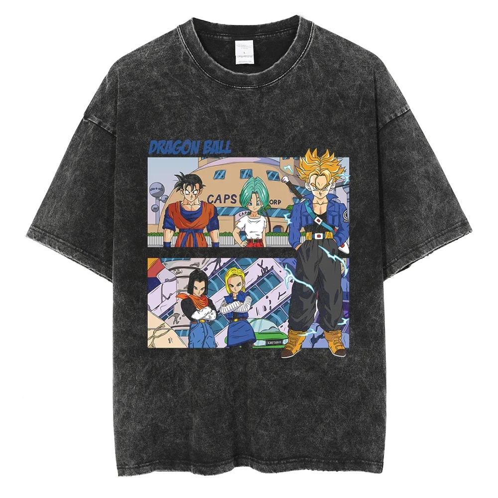 Hip Hop Streetwear Washed T Shirt Dragon Ball Print T-Shirt Harajuku Cotton Casual Tshirt 2024 Summer Short Sleeve Tops Tees