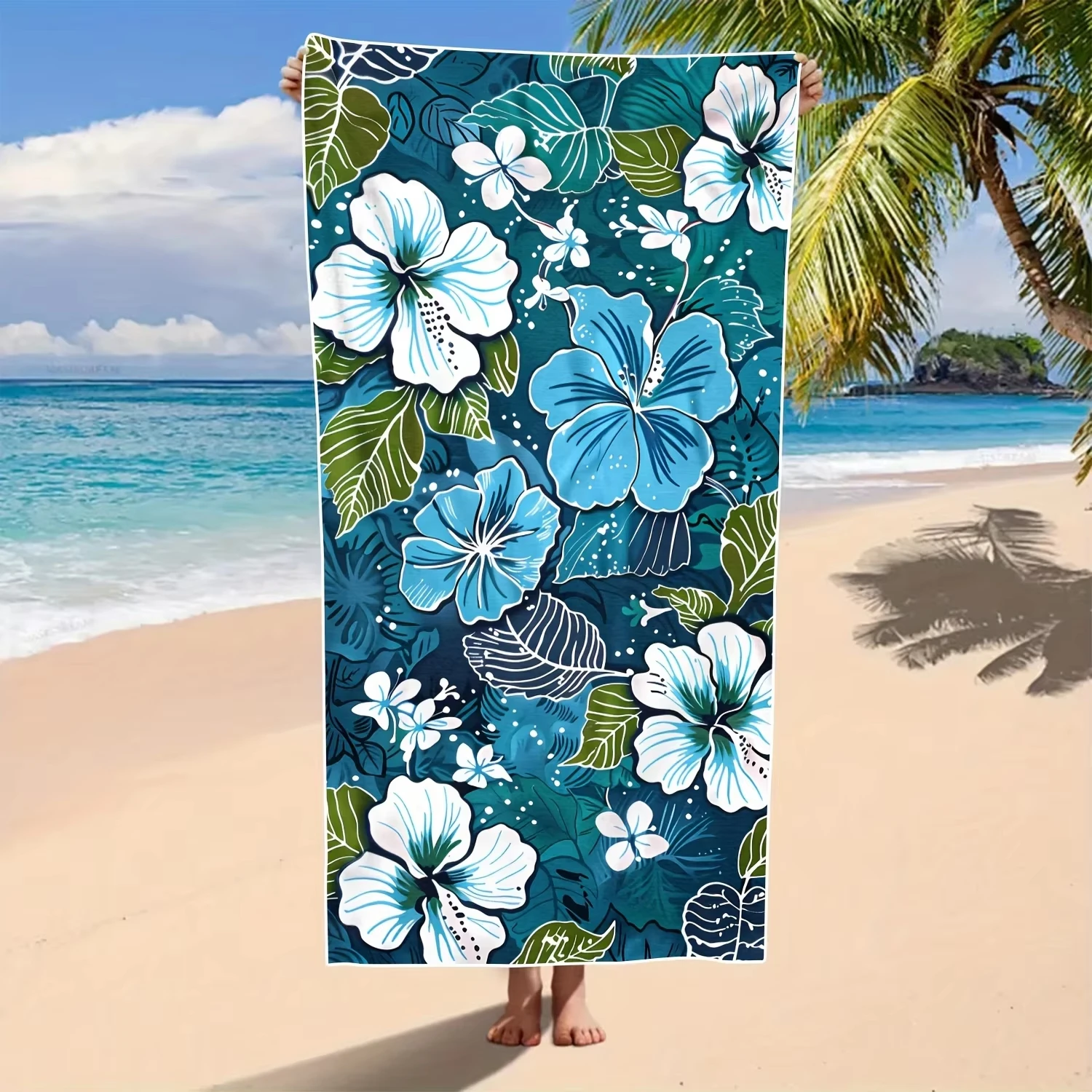 Toalla de playa floral azul tropical | A prueba de arena | Ideal para viajes de acampada en la playa en la piscina | Toalla de playa y colchoneta de camping (impresión plana)