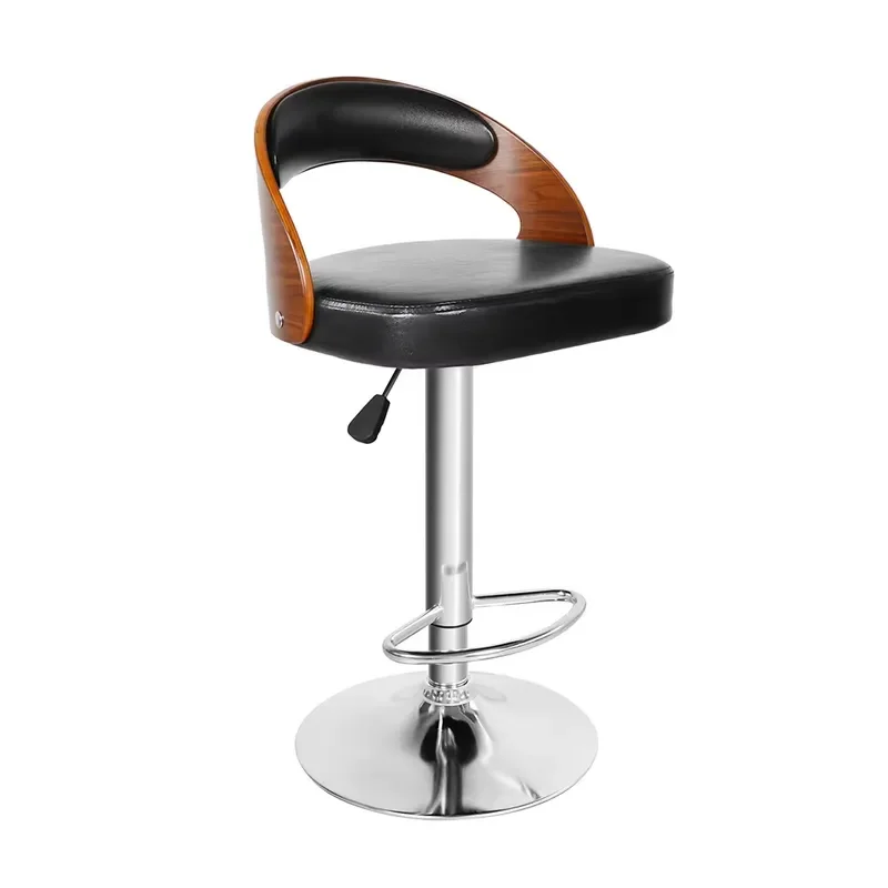 Height Adjustable Swivel Bar Stool Black Leather Cushioned Seat Wooden Backrest Armless Design for Home Kitchen Counter