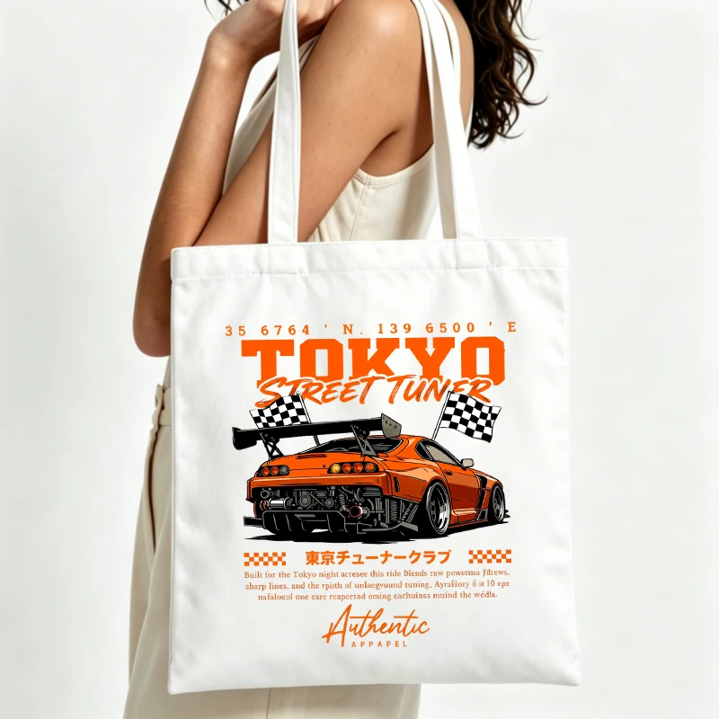Women's racing car graphic canvas tote bag with typography print, streetwear style for casual daily use