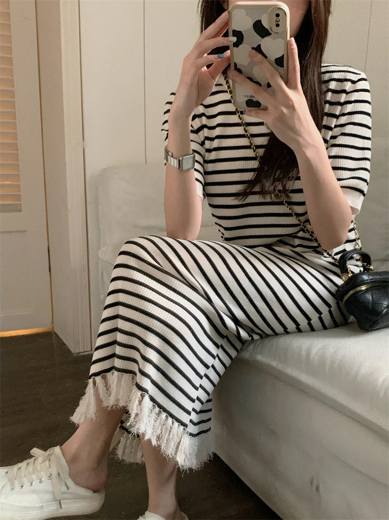 

Summer Stripe Long Dress Women's A-Line Midi Skirt Short Sleeve Tassel Korean Style Loose Waist Large Size Commute Dress