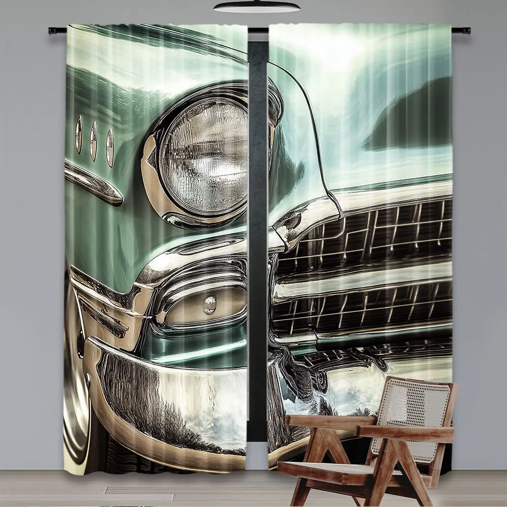 2Pcs 1950S Curtain Retro Style Front Of A Green Antique Car Bumper Suitable For Bedroom Living Room Dining Room Study Office