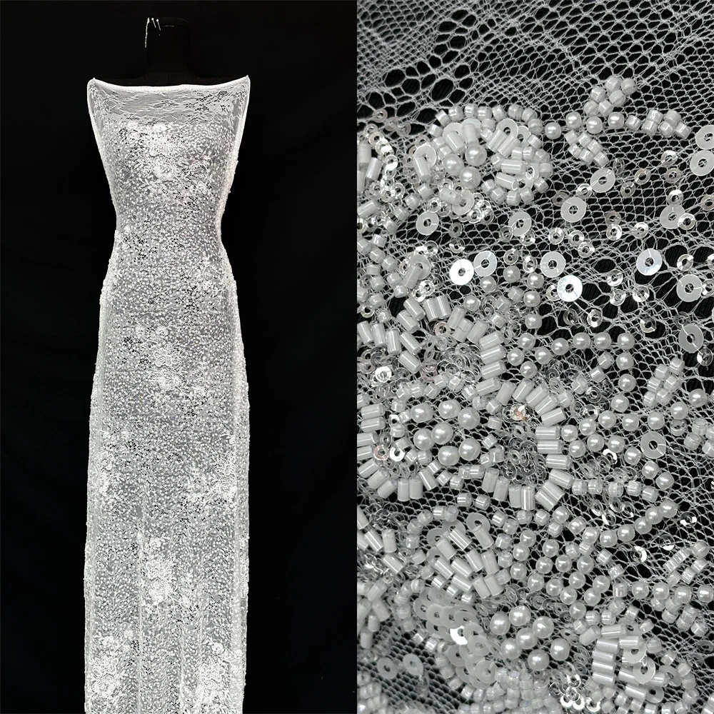 

White African Lace Fabric 2026 Sequins Beaded Nigerian Bridal High Quality French Tulle Lace Fabric For Wedding Party Dresses