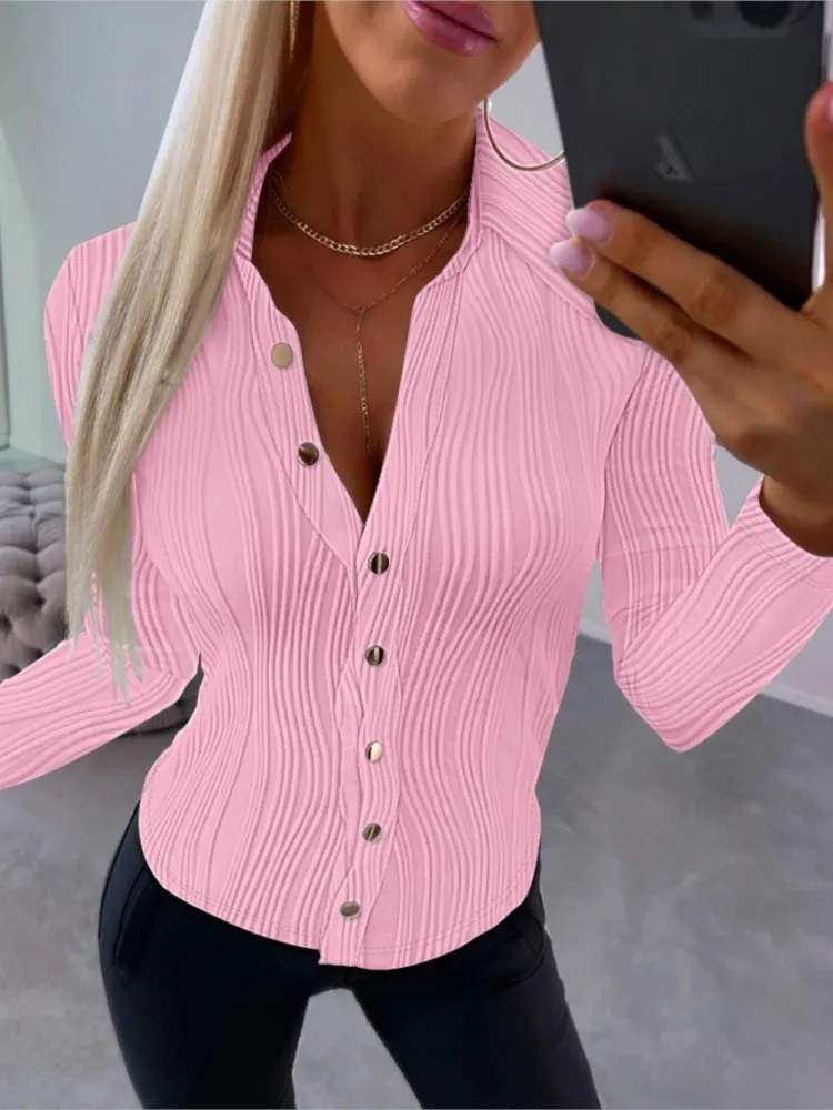 Women\'s Autumn New Long Sleeved Sexy V-neck Solid Color Women\'s Shirt Single Breasted Shirt Casual Office Women\'s Wear