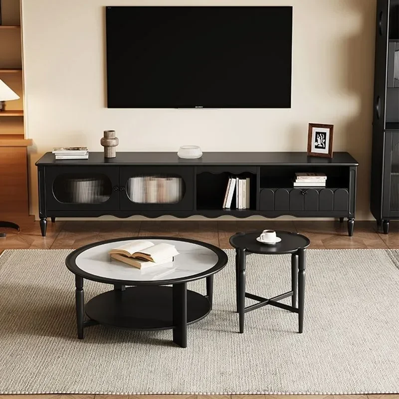 Mesa de centro francesa de losa de roca redonda de madera maciza, estilo medio y antiguo, hogar pequeño y sencillo