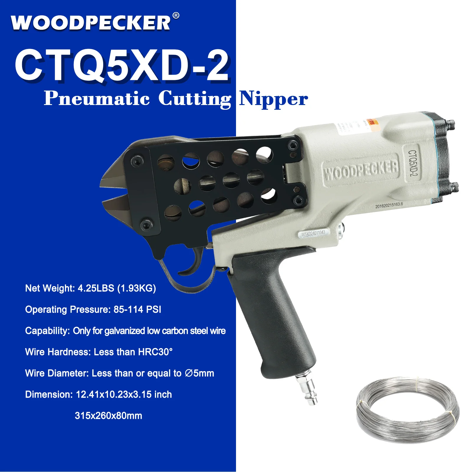 WOODPECKER CTQ5XD-2 Pneumatic Cutting Nipper, 4-5mm Diameter Wire Cutting, Air Power Wire Shear, Cutting Wire Tool