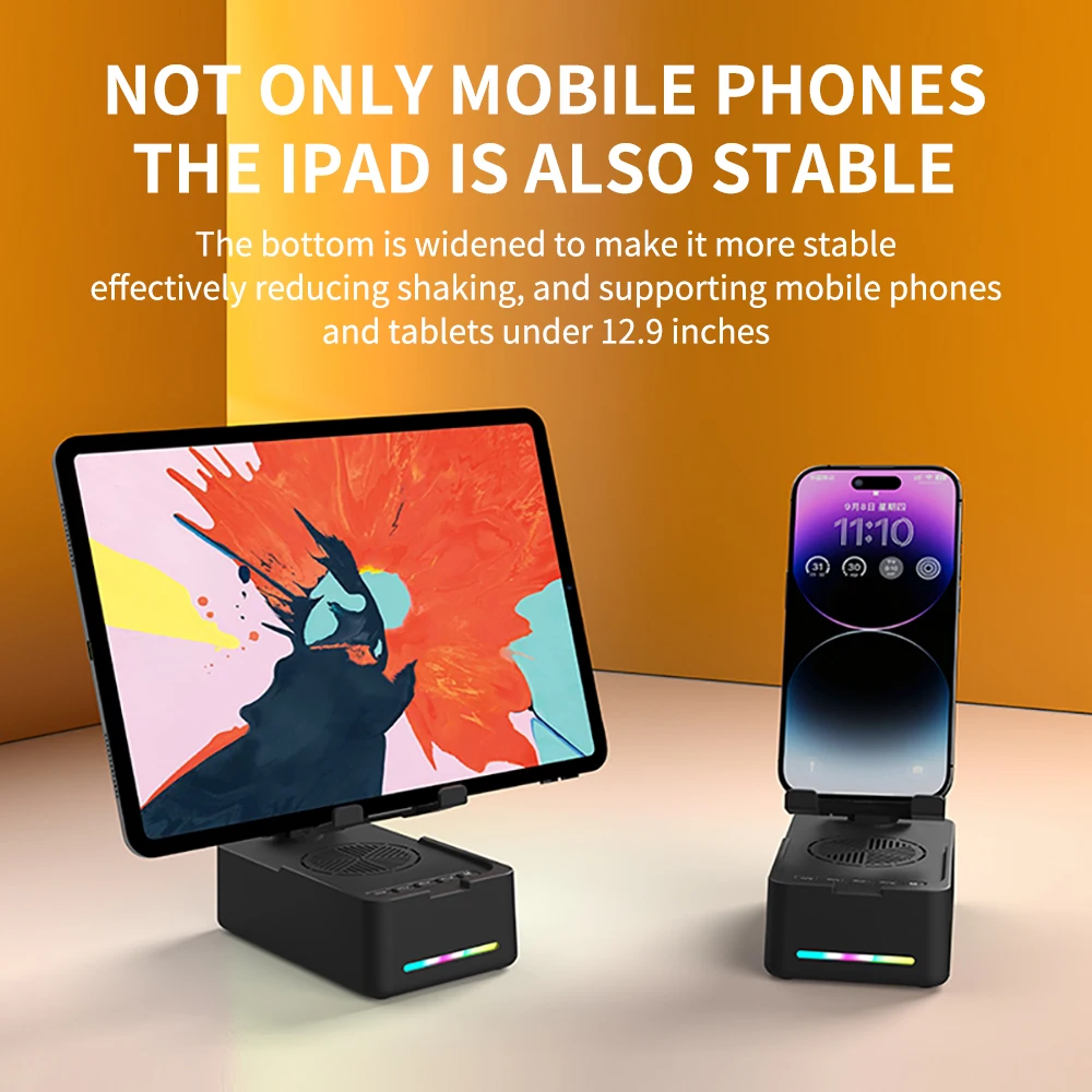 Foldable Stand for Mobile Phones and Tablets, Portable Bluetooth Speaker 1800mAh long battery life, Wireless Charging for Phone