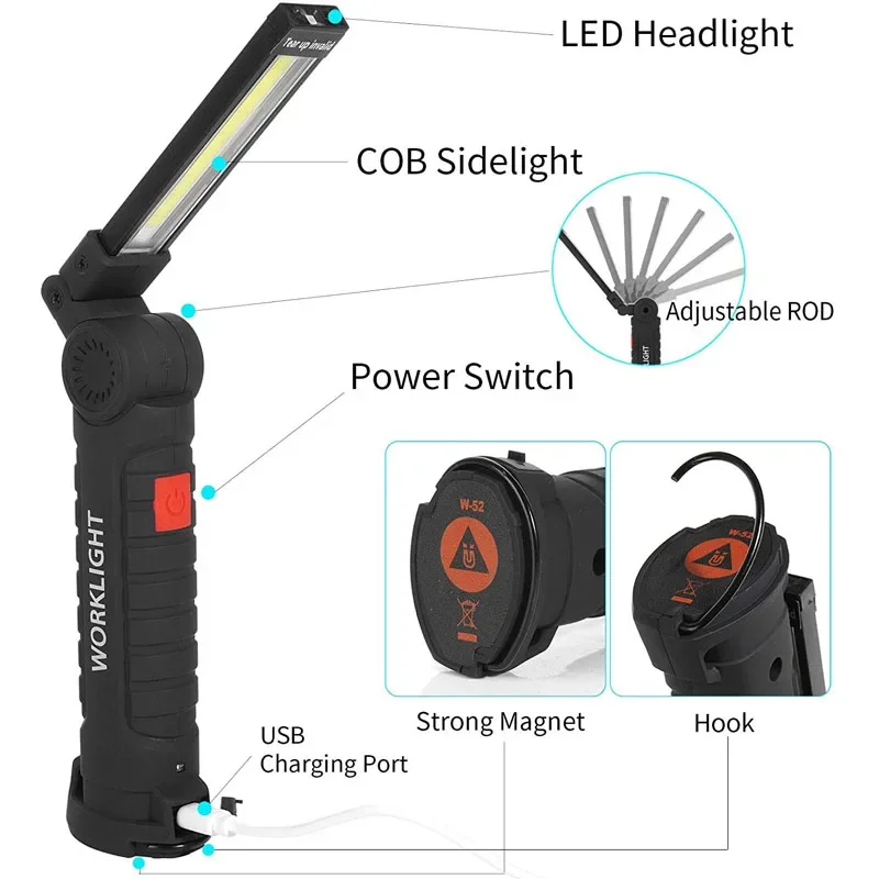 Imagem -06 - Usb Recarregável Led Work Light Lâmpada Portátil Lanterna com Ímã e Gancho Iluminação Exterior Rotação de 360 Graus Cob