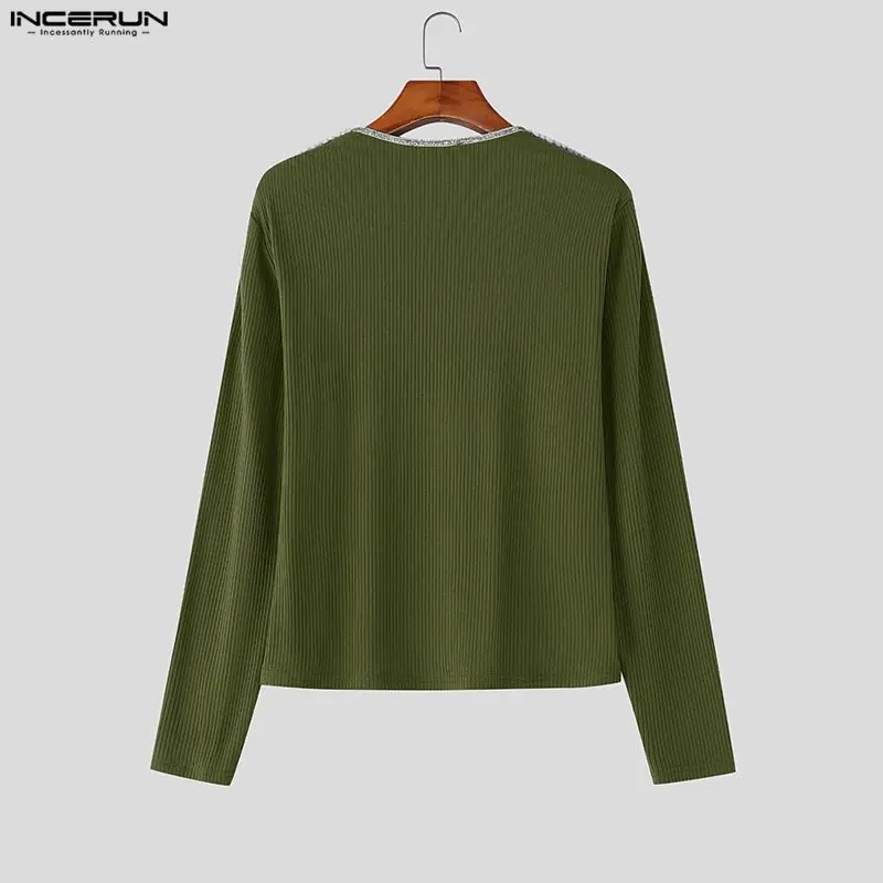 INCERUN الرجال تي شيرت محبوك ساحة طوق كم طويل المرقعة الذكور المحملة القمم الشارع الشهير موضة ملابس الرجال غير رسمية Camisetas #5