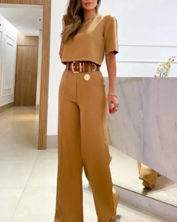 Top corto da donna casual a mezza manica e pantaloni a gamba larga Set 2024 Primavera Estate Solid Office Lady Set da due pezzi Abiti stile coreano